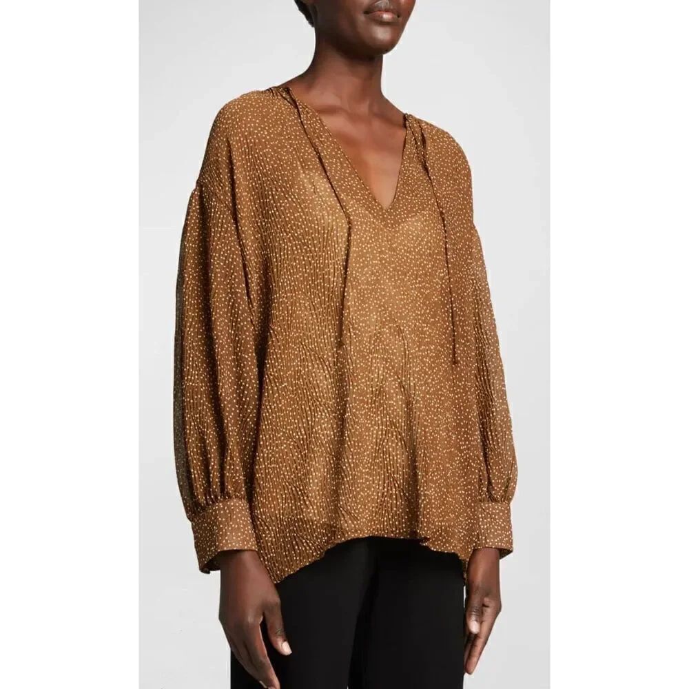 Vince Starry Dot Shirred-Neck Blouse in Brown & White NWT Size XXXL